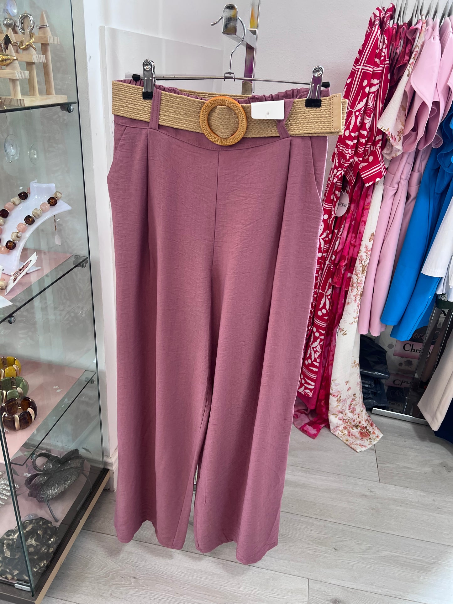 Mauve Straight Leg Trousers Woven Belt (One Size)