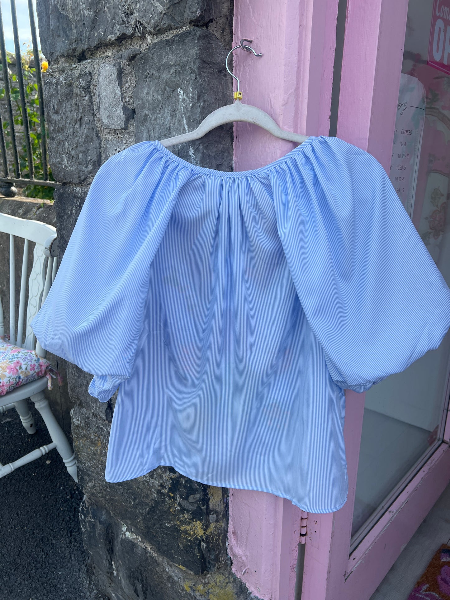 Sky Blue Stripe Embroidered Puff Sleeve Blouse