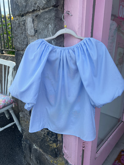 Sky Blue Stripe Embroidered Puff Sleeve Blouse