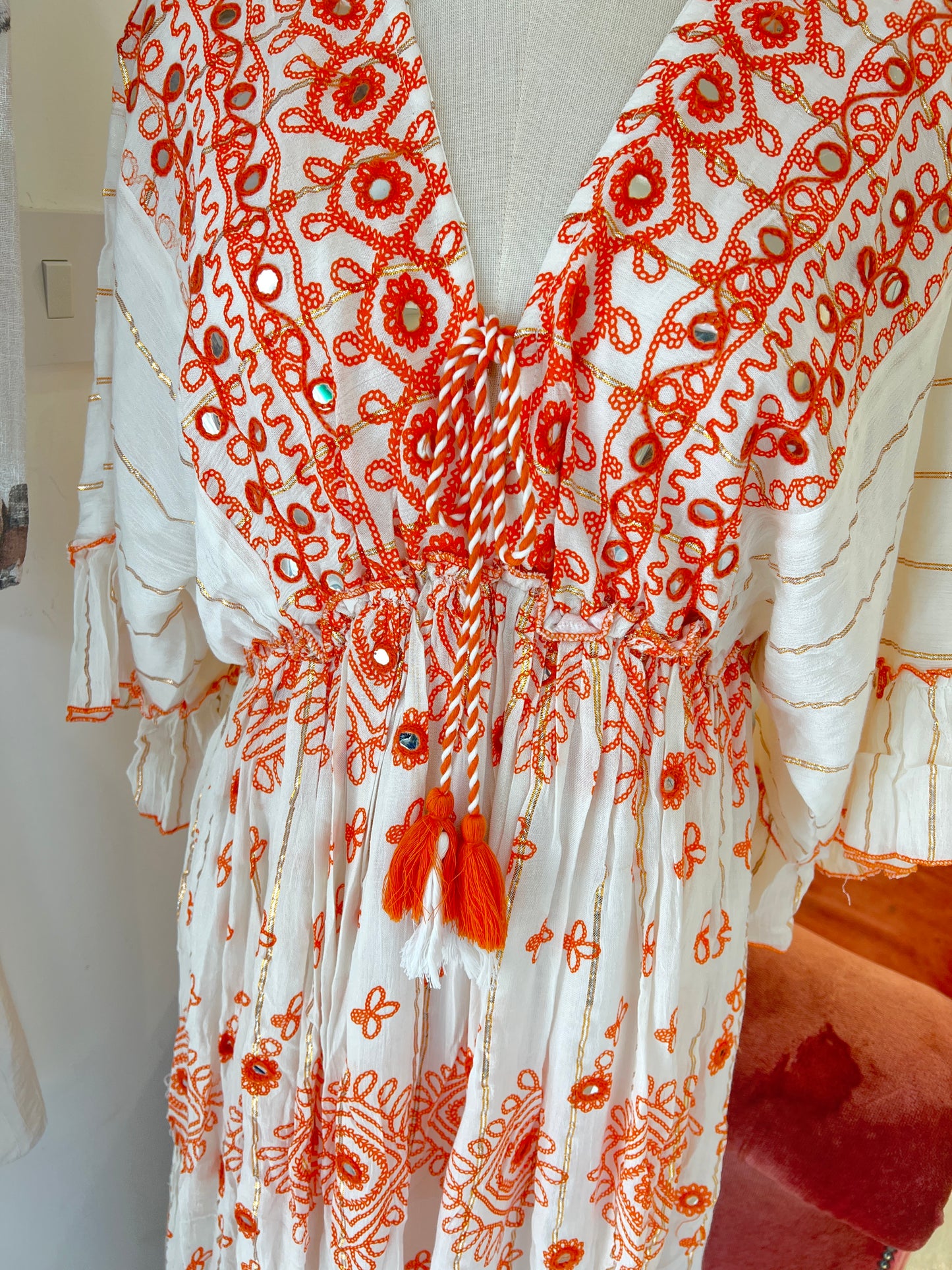 Sunset Boho Embroidered Midi Dress – Orange & Cream (One Size)