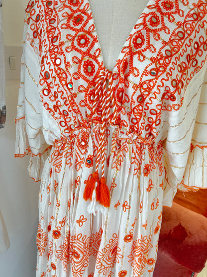 Sunset Boho Embroidered Midi Dress – Orange & Cream (One Size)