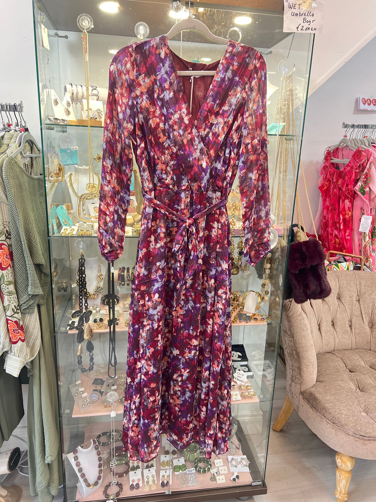Burgundy Print V Neck Maxi Dress