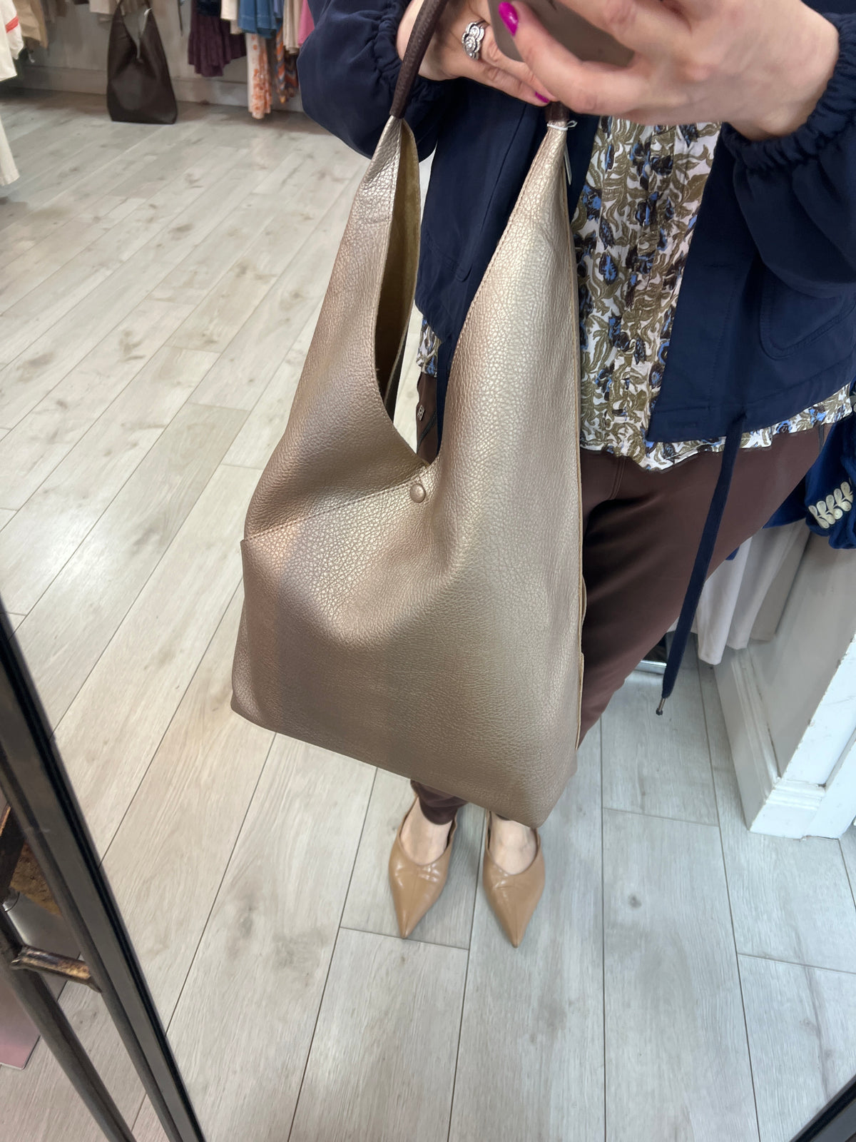 Light Taupe Metallic Soft Leatherette Shoulder Bag