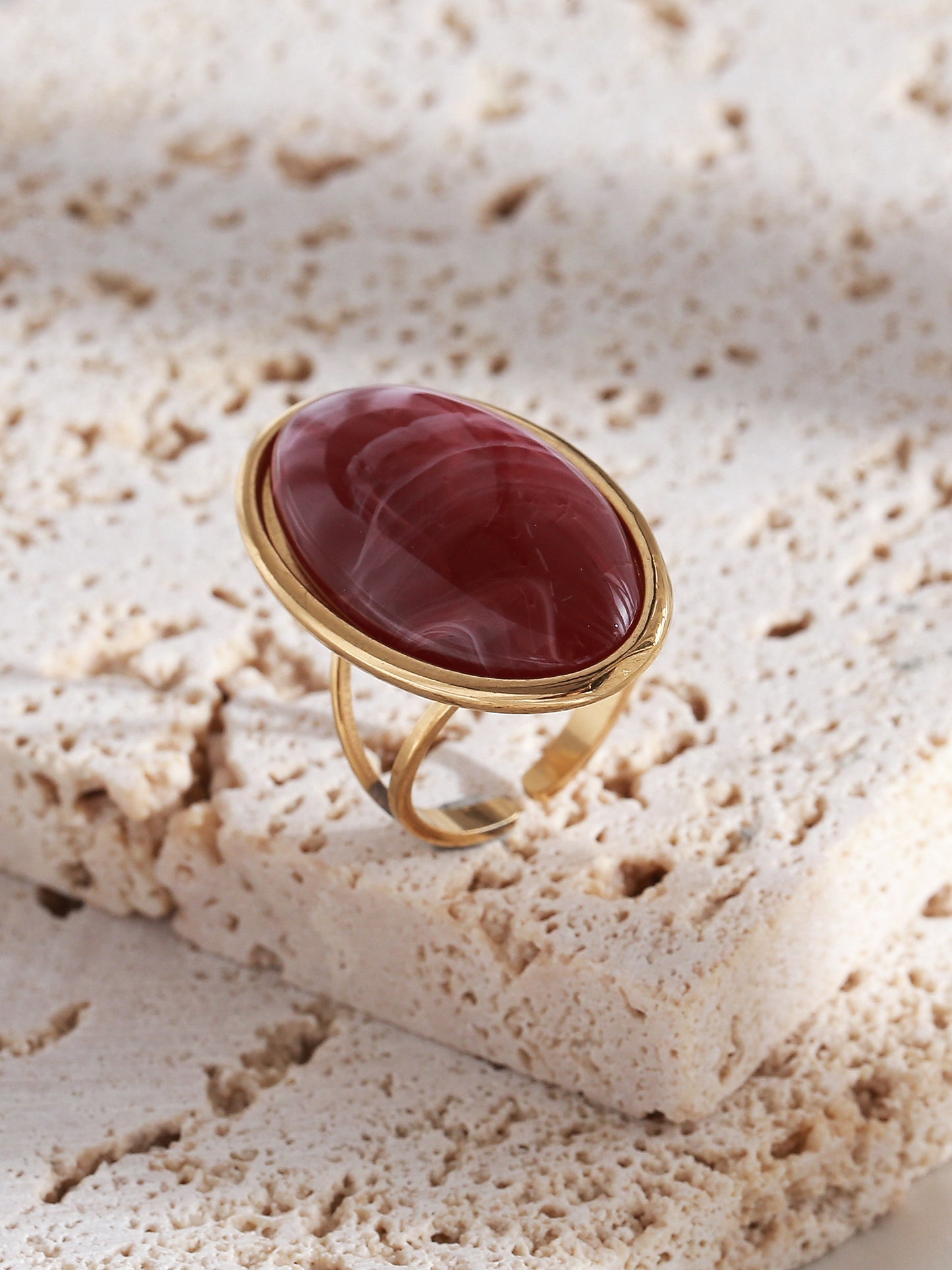 Burgandy Resin & Gold Oval Adjustable Ring