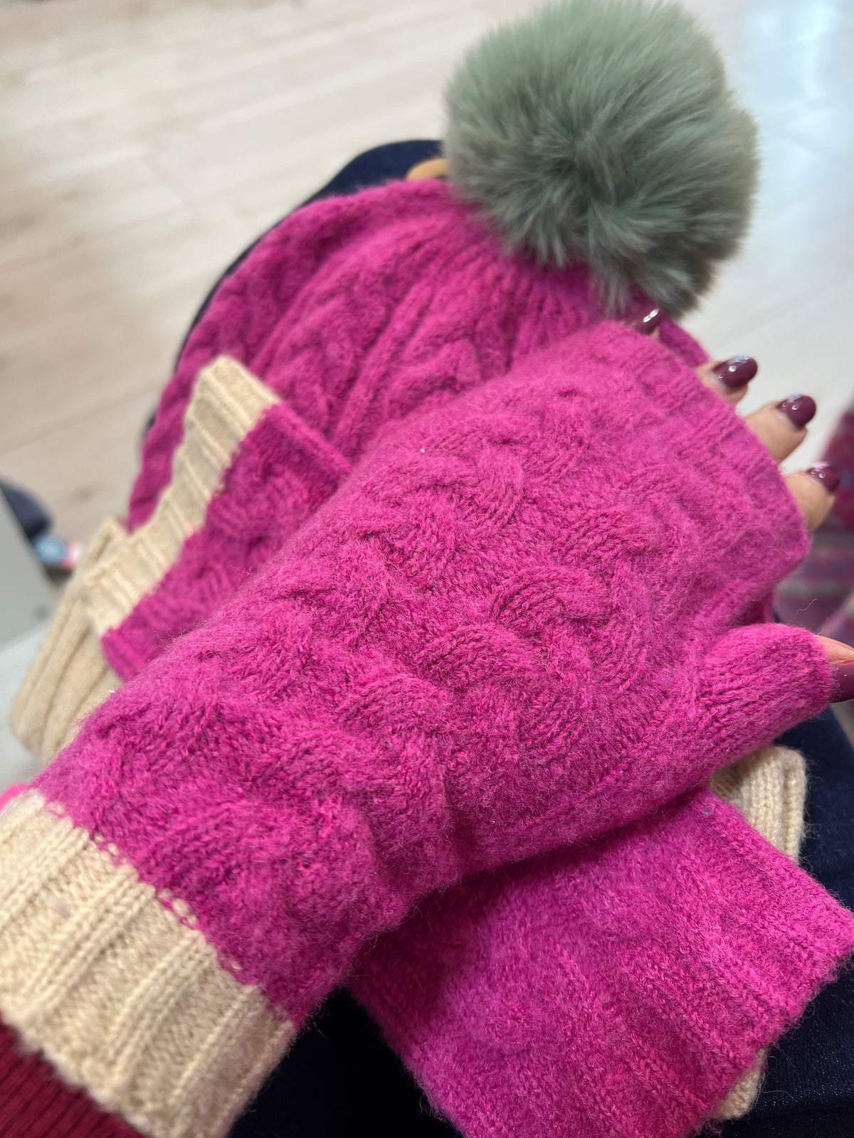 POM Hat & Fingerless Gloves Set Pink/Beige/Green