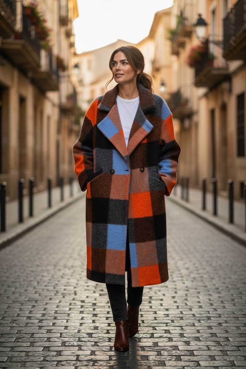 Oversized Checked Coat Blue & Orange