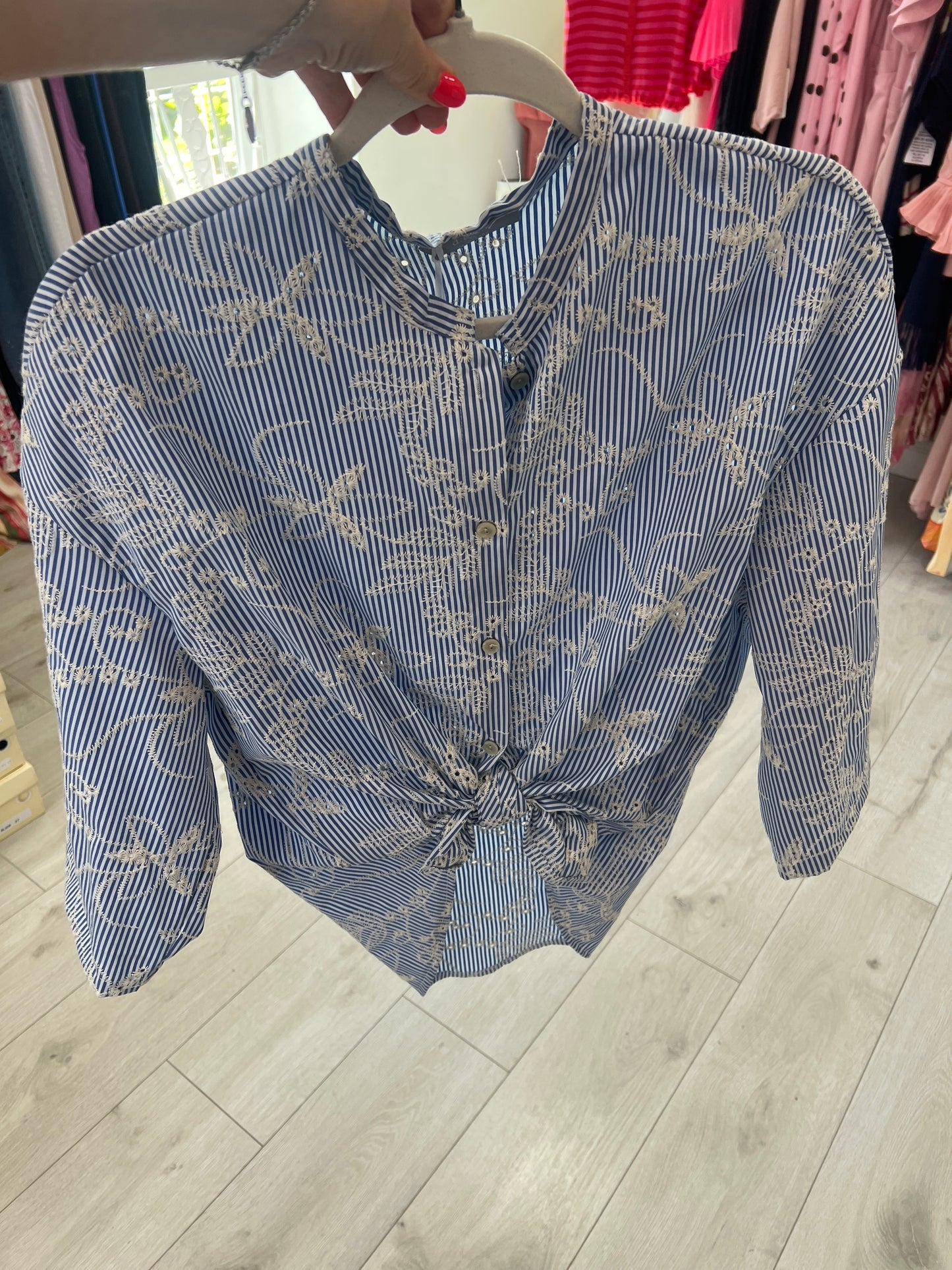 Blue & White Embroidered Stripe  Shirt