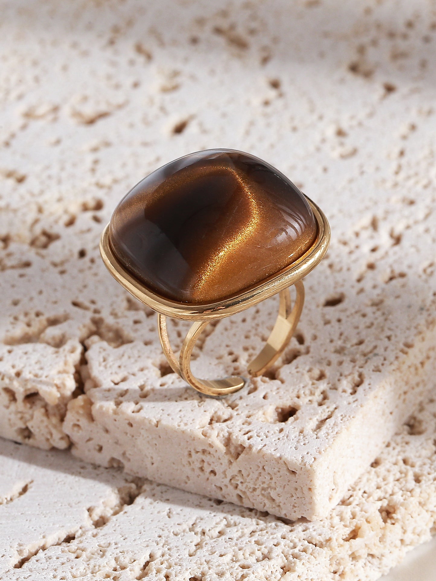 Brown Marbled Square & Gold Adjustable Ring
