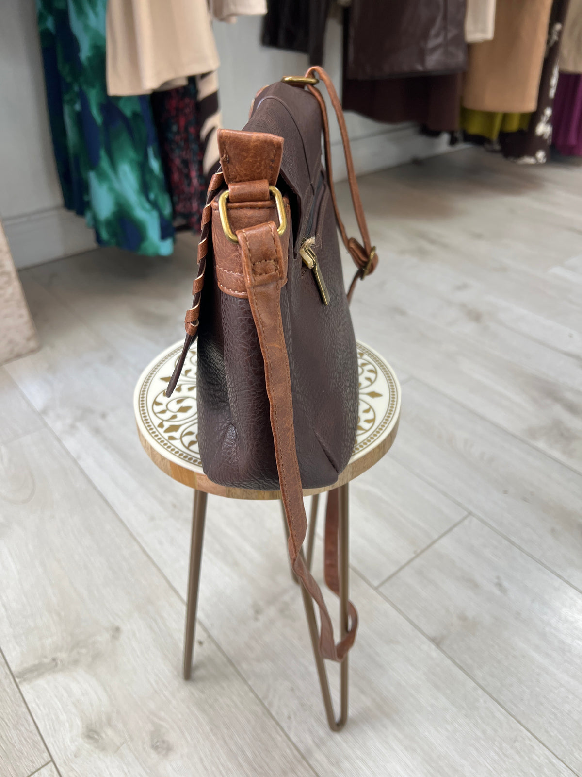 Brown & Tan Leatherette Crossbody Bag