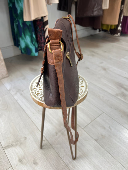 Brown & Tan Leatherette Crossbody Bag
