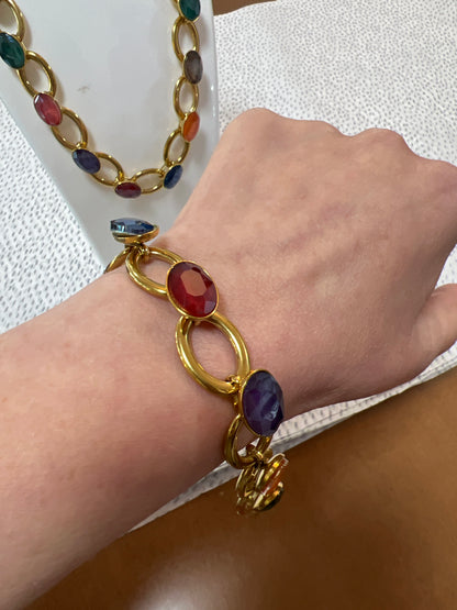 Multicoloured Crystal & Gold Stainless Steel Statement Bracelet
