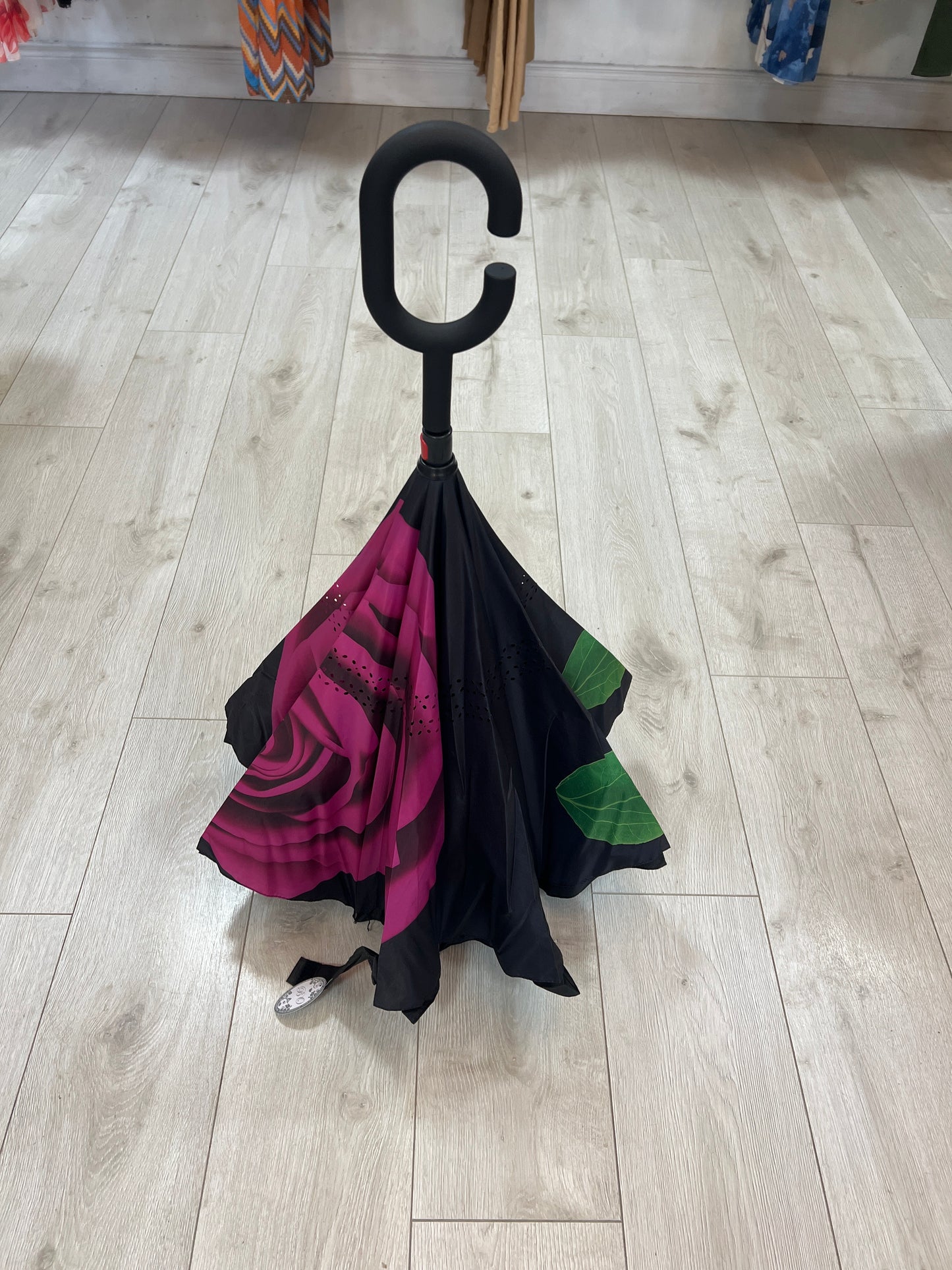 Upside Down Umbrella Black With Magenta Rose Green Leaves