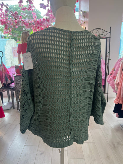 Khaki Green Crochet Batwing Style Buttoned Cardigan
