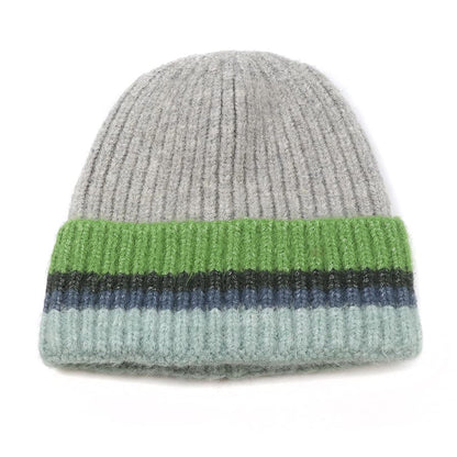 POM Grey Blue Green Ribbed Beanie Hat