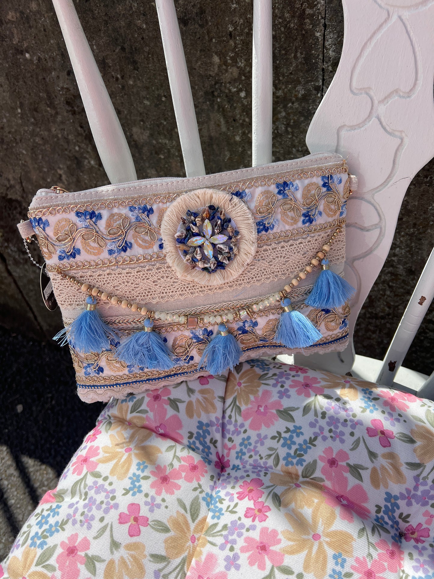 Tassel Embellished Boho Clutch Bag Cream & Blue