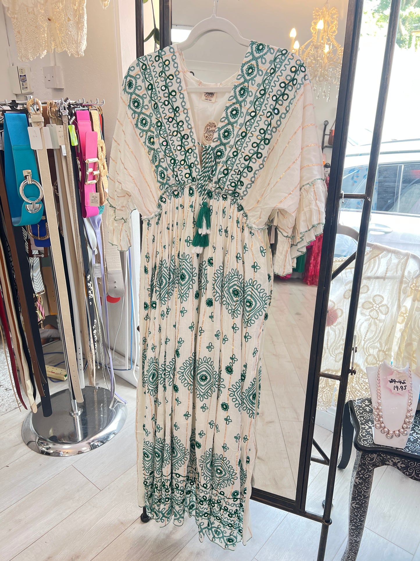 Boho Luxe Cream & Green Embellished Maxi Dress with Metallic Threading (Fits 8-14)