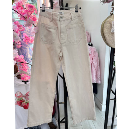 Poppy Wide Leg Jeans Front Pockets (Cream)
