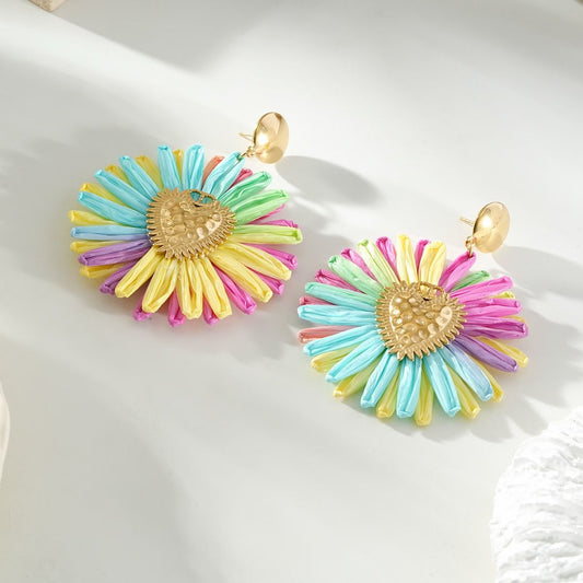 Multicoloured Daisy Drop Earrings Gold Heart Centre
