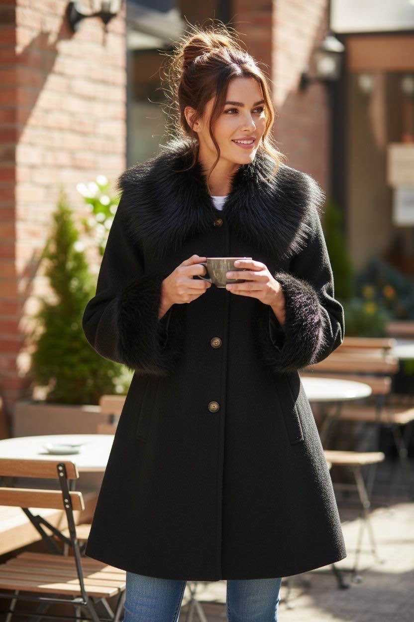 Jessica Coat Fur Trim Black