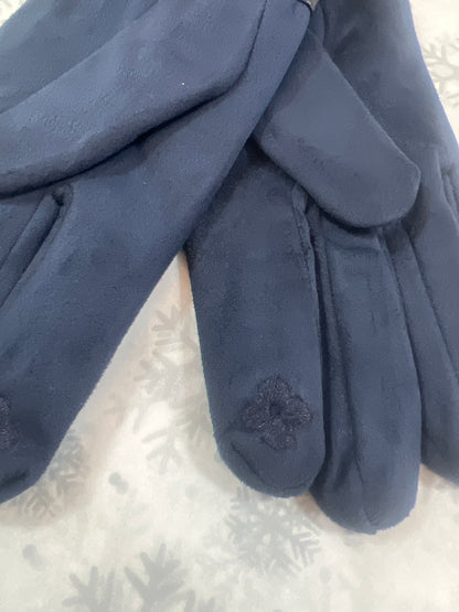 Navy Suedette Gloves Pearl Detail