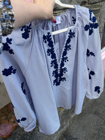 Blue Striped Boho Embroidered Blouse