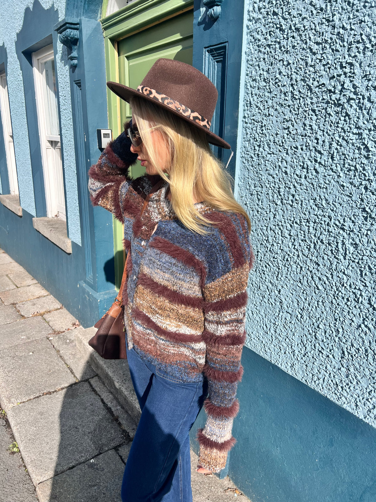 Navy & Brown Striped Cardigan Fur Detail