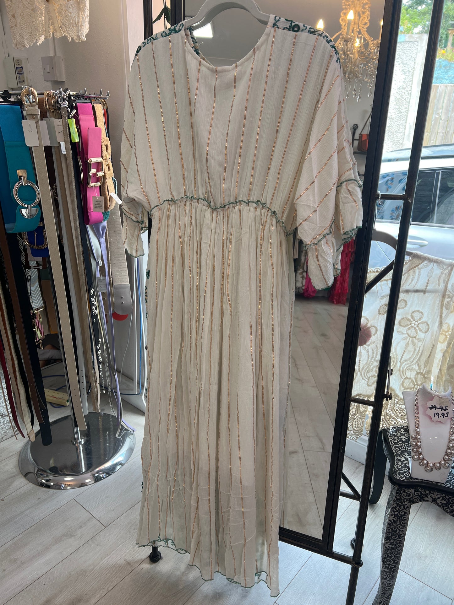 Boho Luxe Cream & Green Embellished Maxi Dress with Metallic Threading (Fits 8-14)