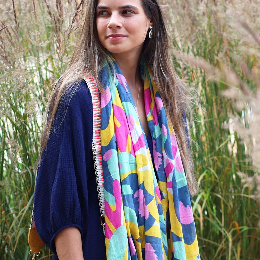 POM Organic cotton abstract blue and pink mix print scarf