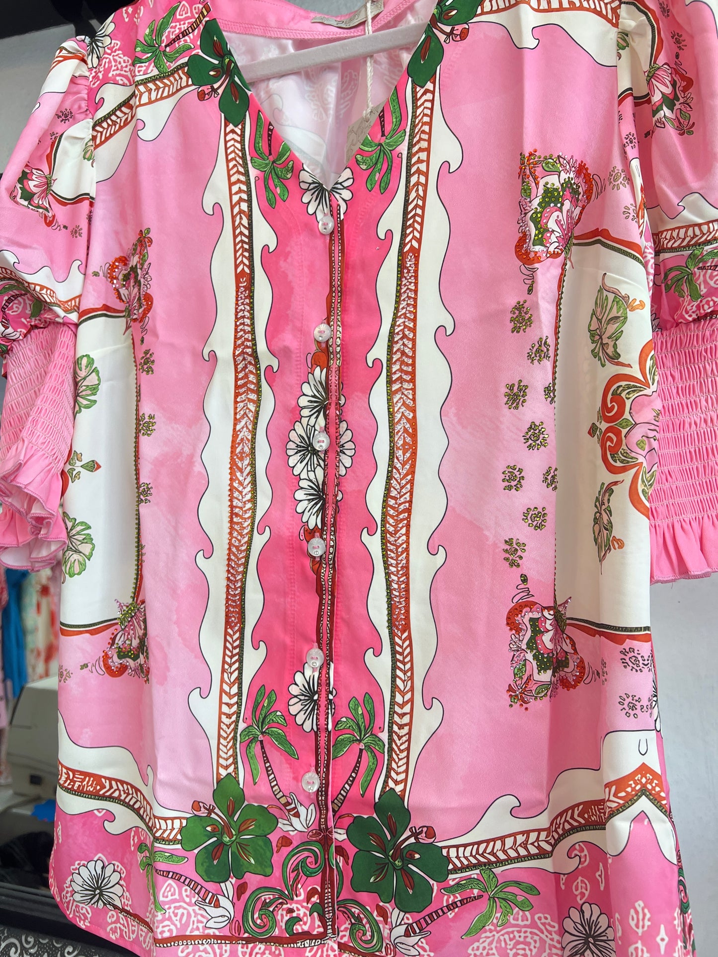 Crystal Detail Pink Print Button Front Blouse