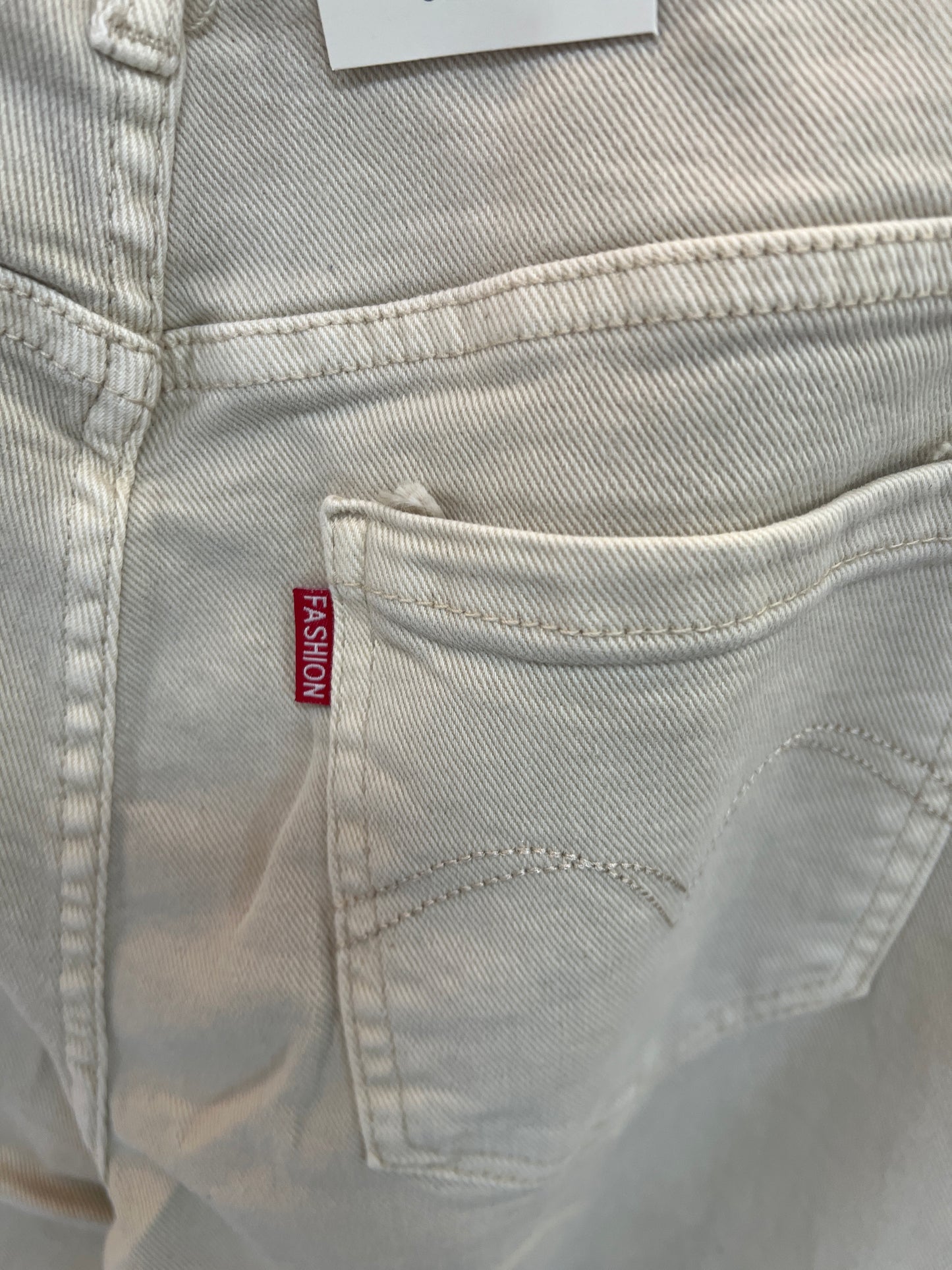 Beige Turn-Up Wide Leg Cotton Jeans