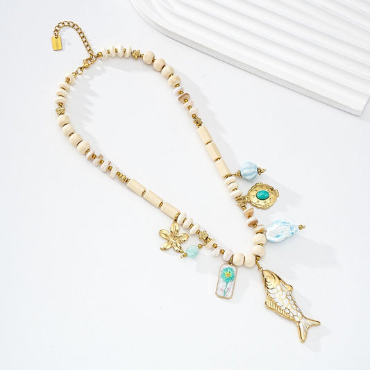 Gold Cream & Turquoise Fish Charm Necklace