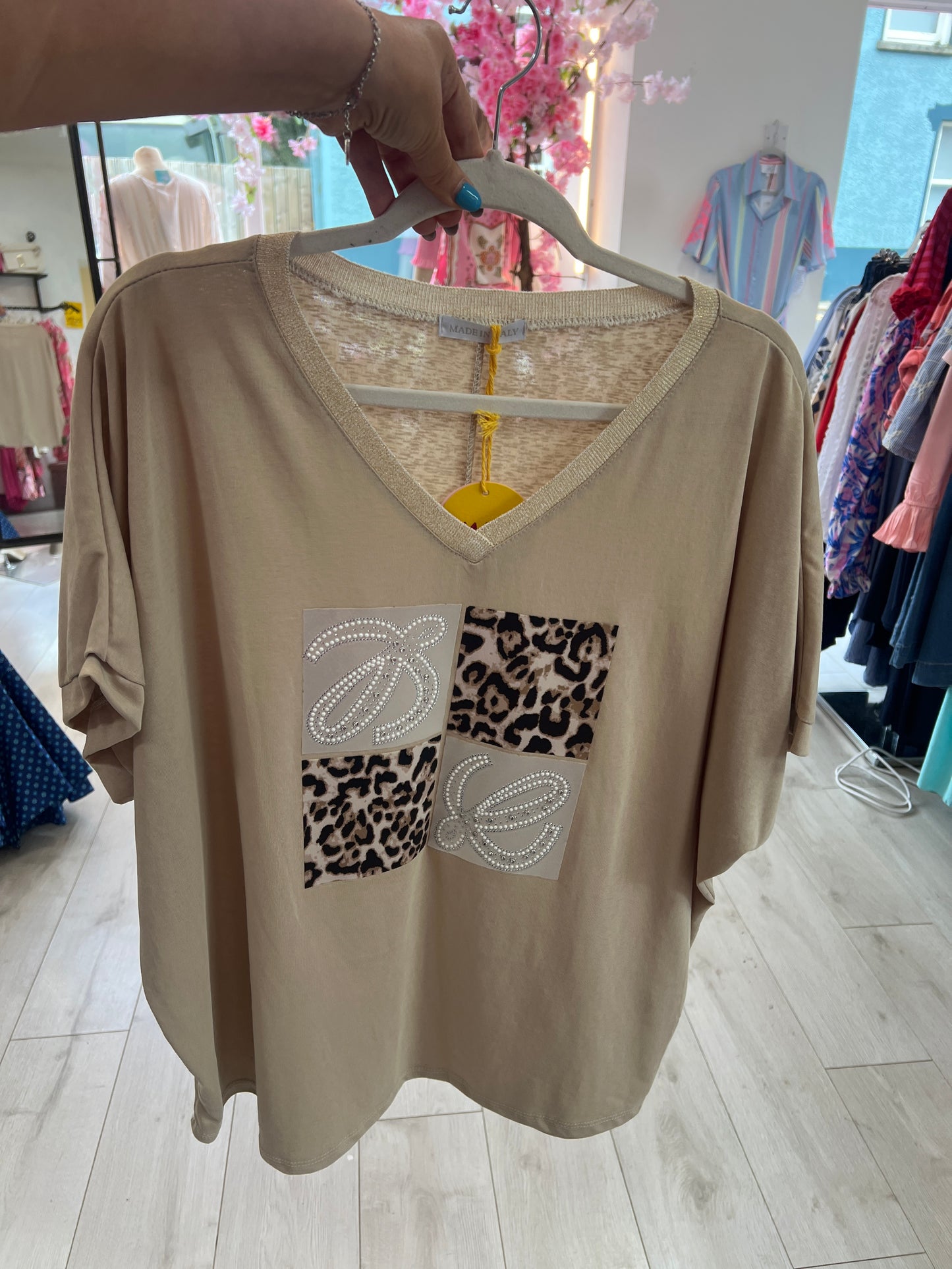 Beige V-Neck Top Leopard & Pearl Design