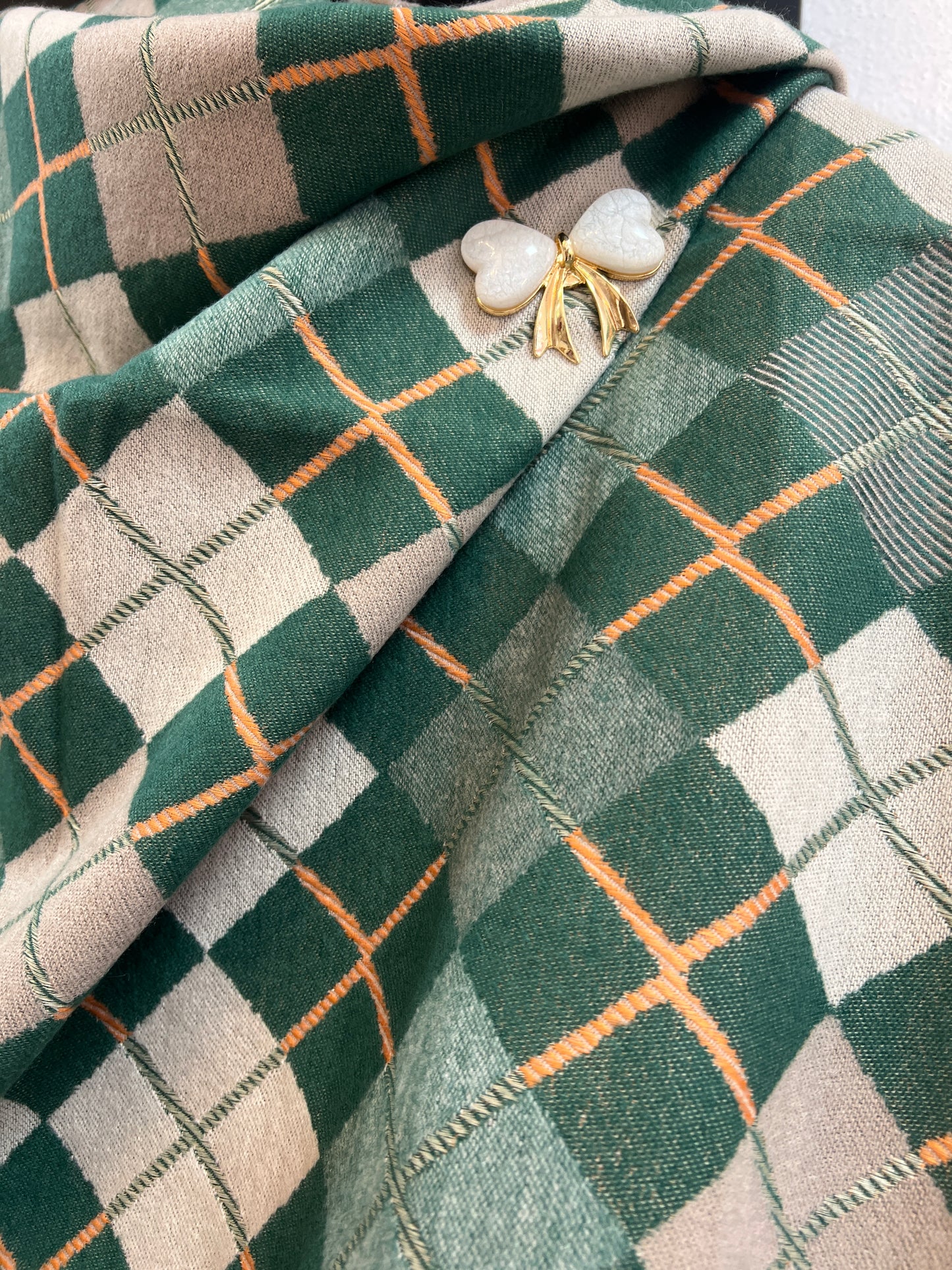 Diamond Check Blanket Scarf Green/Orange/Taupe