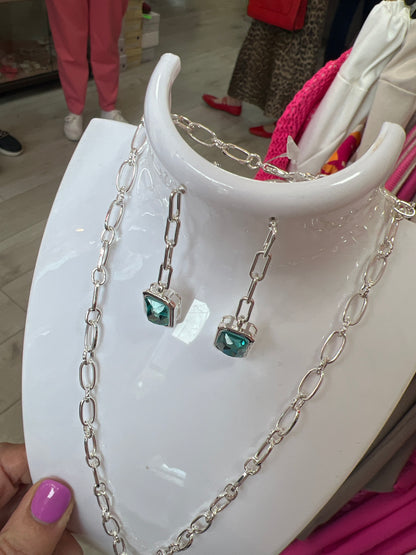 Aqua & Silver Pendant & Drop Earrings Set