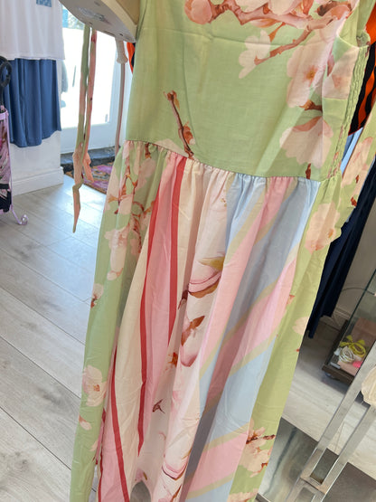Pastel Blossom Tie-Shoulder Midi Dress