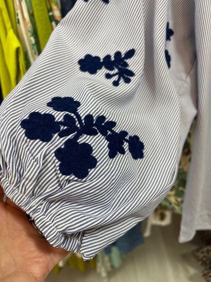 Blue Striped Boho Embroidered Blouse
