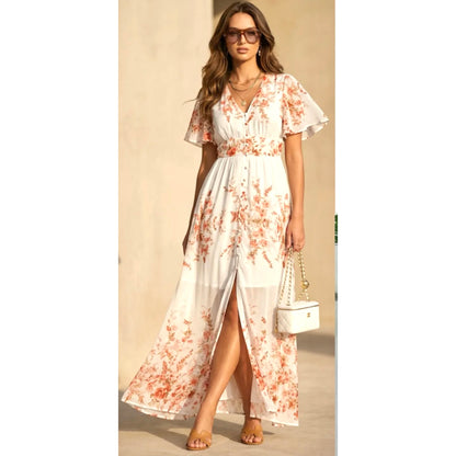Cream Coral Floral Button Front Maxi Dress