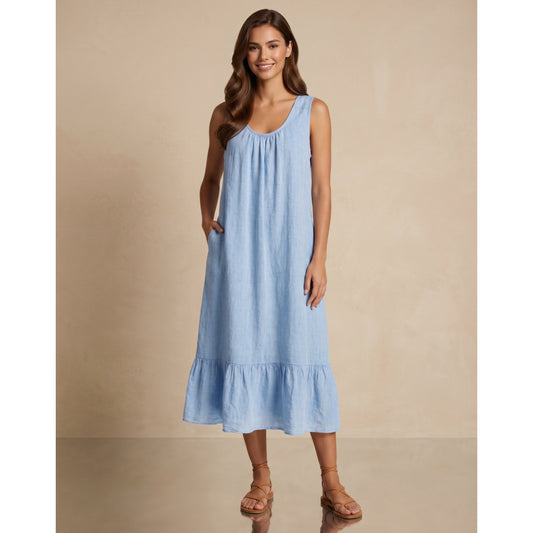 Sky Blue Linen Bow Back Midi Dress