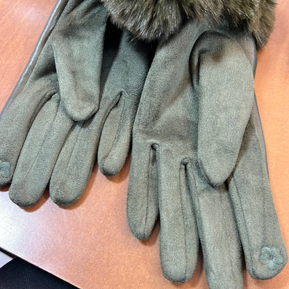 Olive Green Leatherette/Suedette Gloves Fur Trim