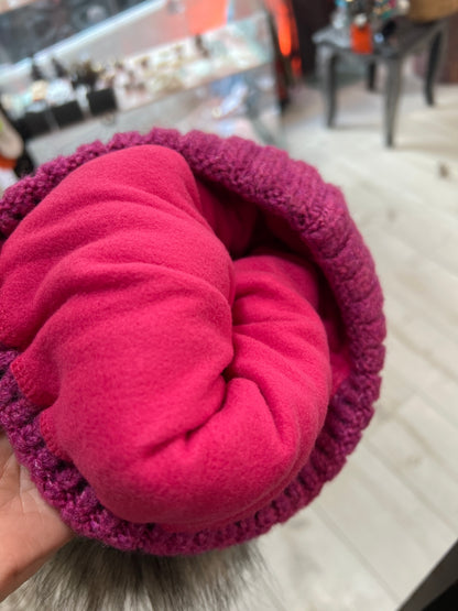 Magenta Cable Knit & PomPom Hat