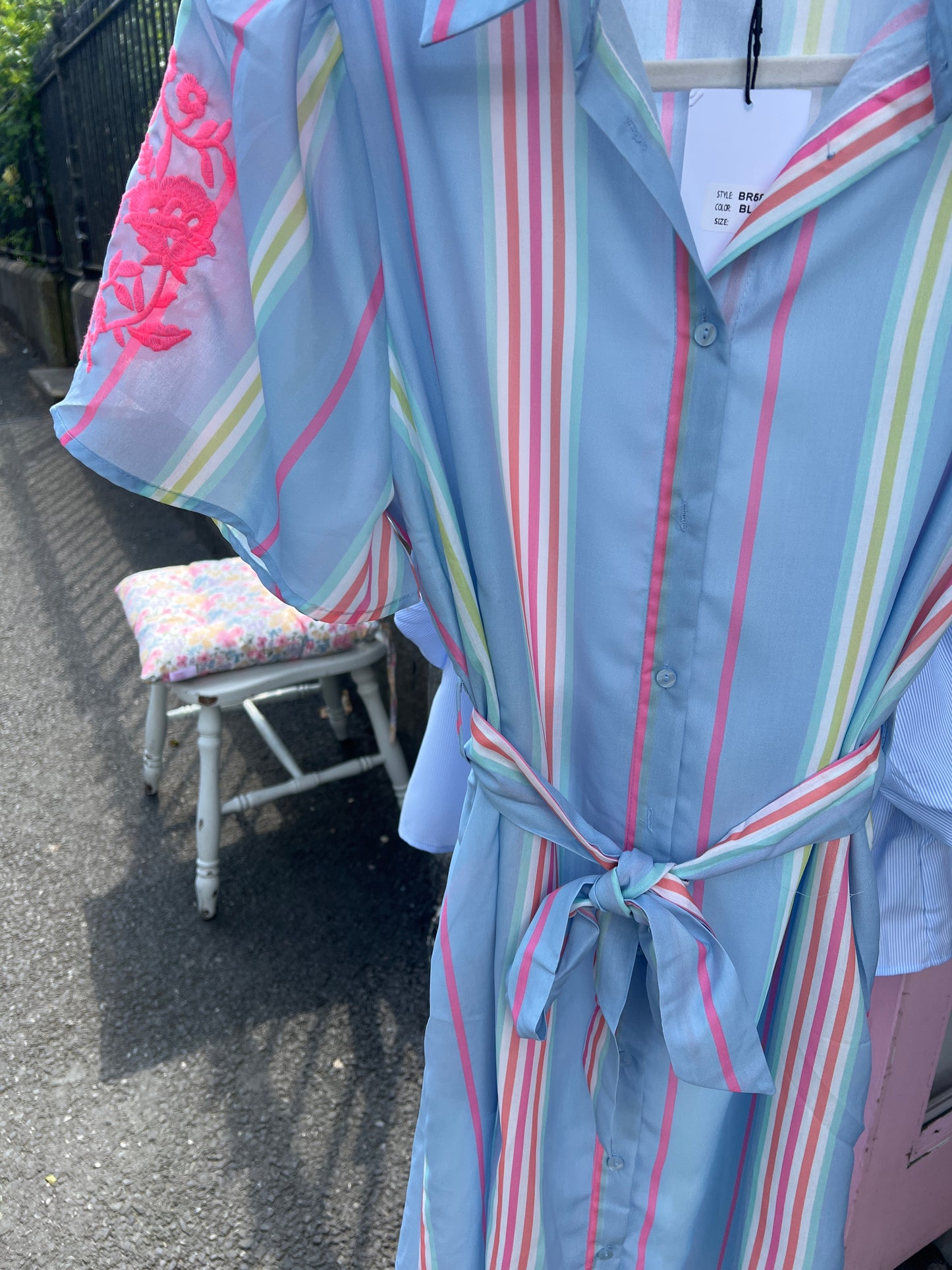 Pastel Stripe Shirt Midi Dress with Tie Belt