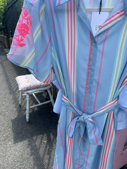 Pastel Stripe Shirt Midi Dress with Tie Belt
