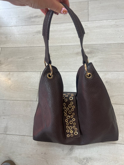 Brown Leatherette Shoulder Bag 3 In 1 Gold Discs