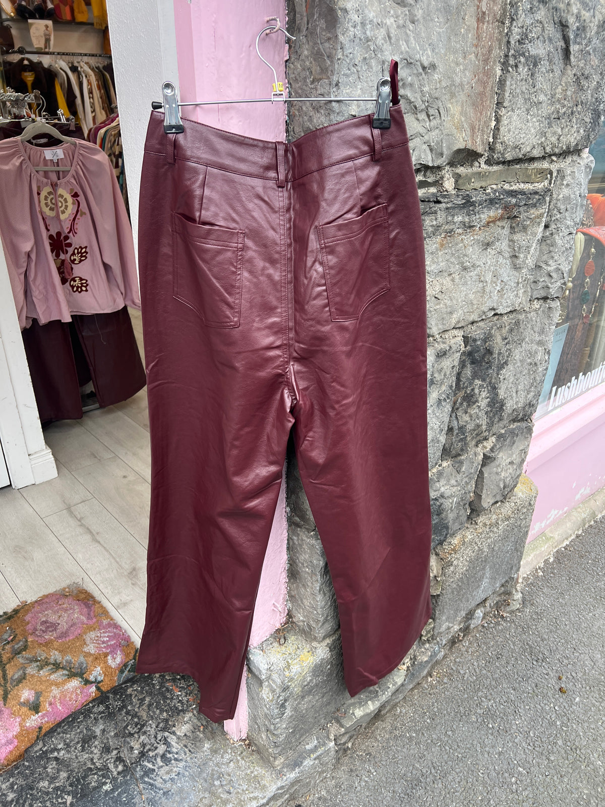 Wine Leatherette Straight Leg Trousers