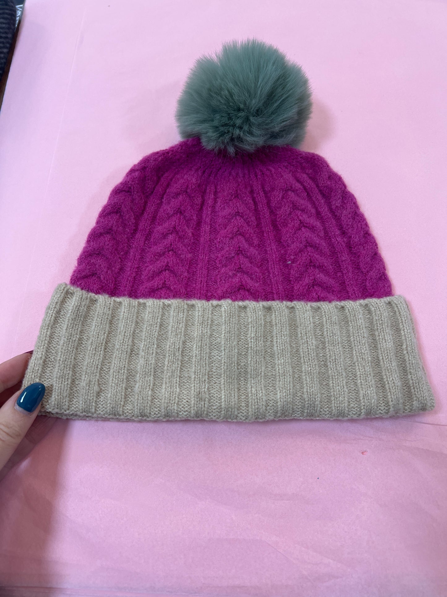 POM Pink & Beige Hat Green Bobble