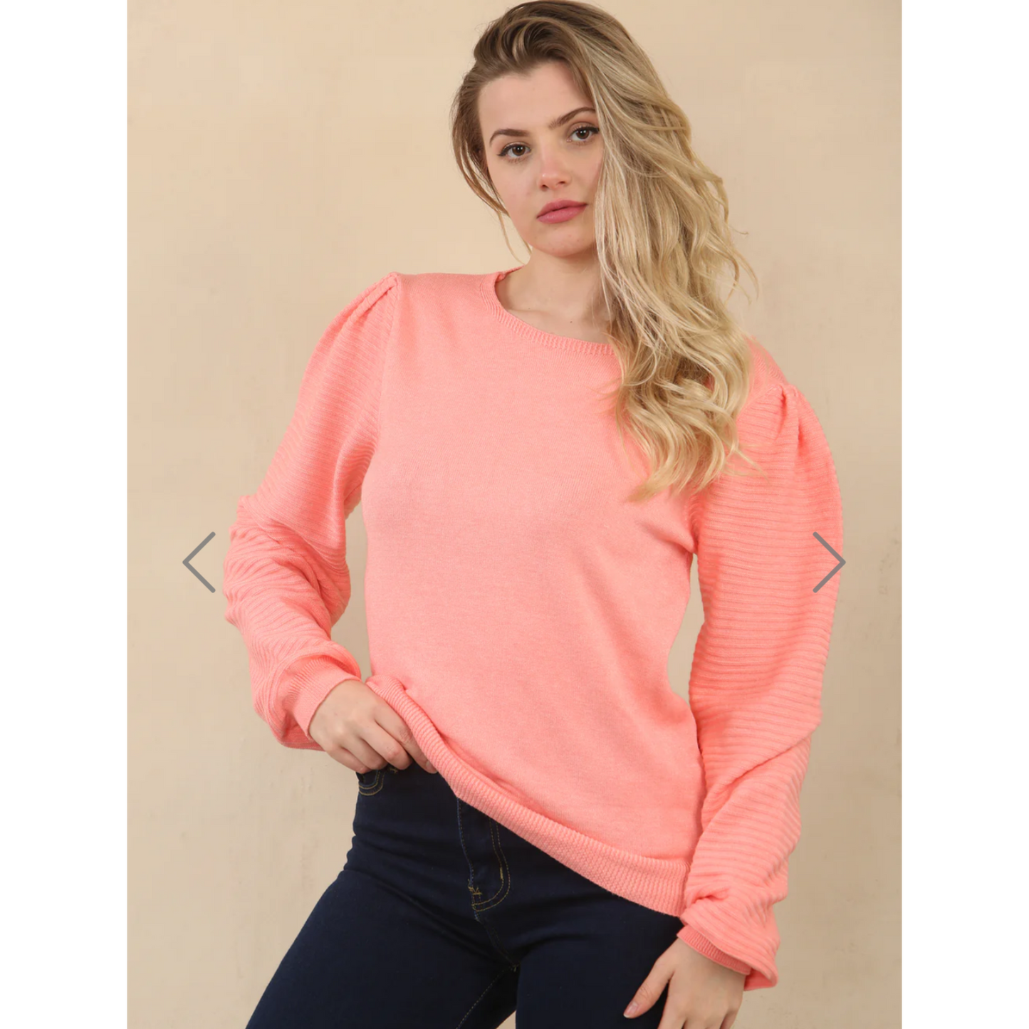 Gemma Coral Knit Jumper Ribbed Sleeves