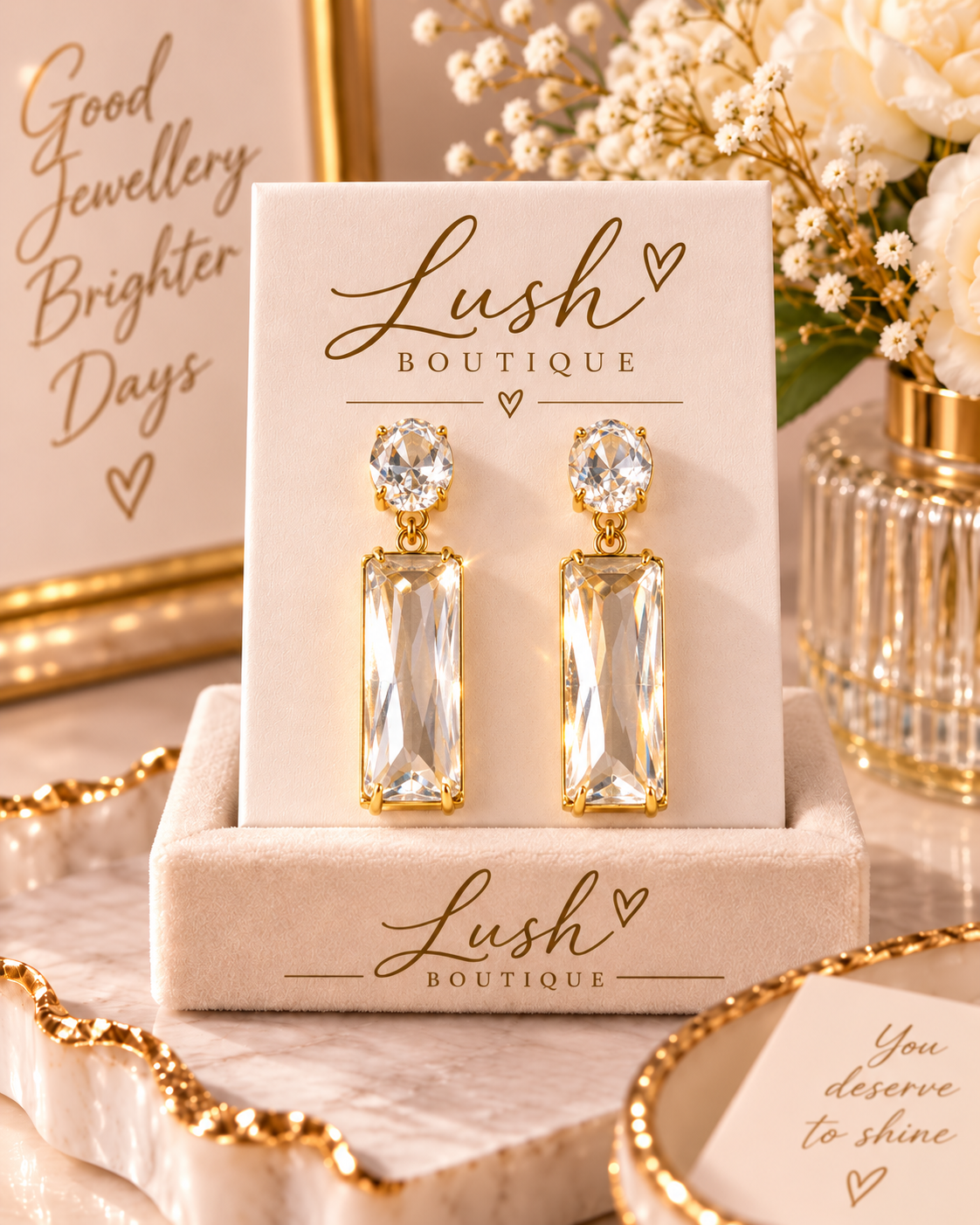 Gold & Crystal Rectangular Drop Earrings (4 COLOURS)