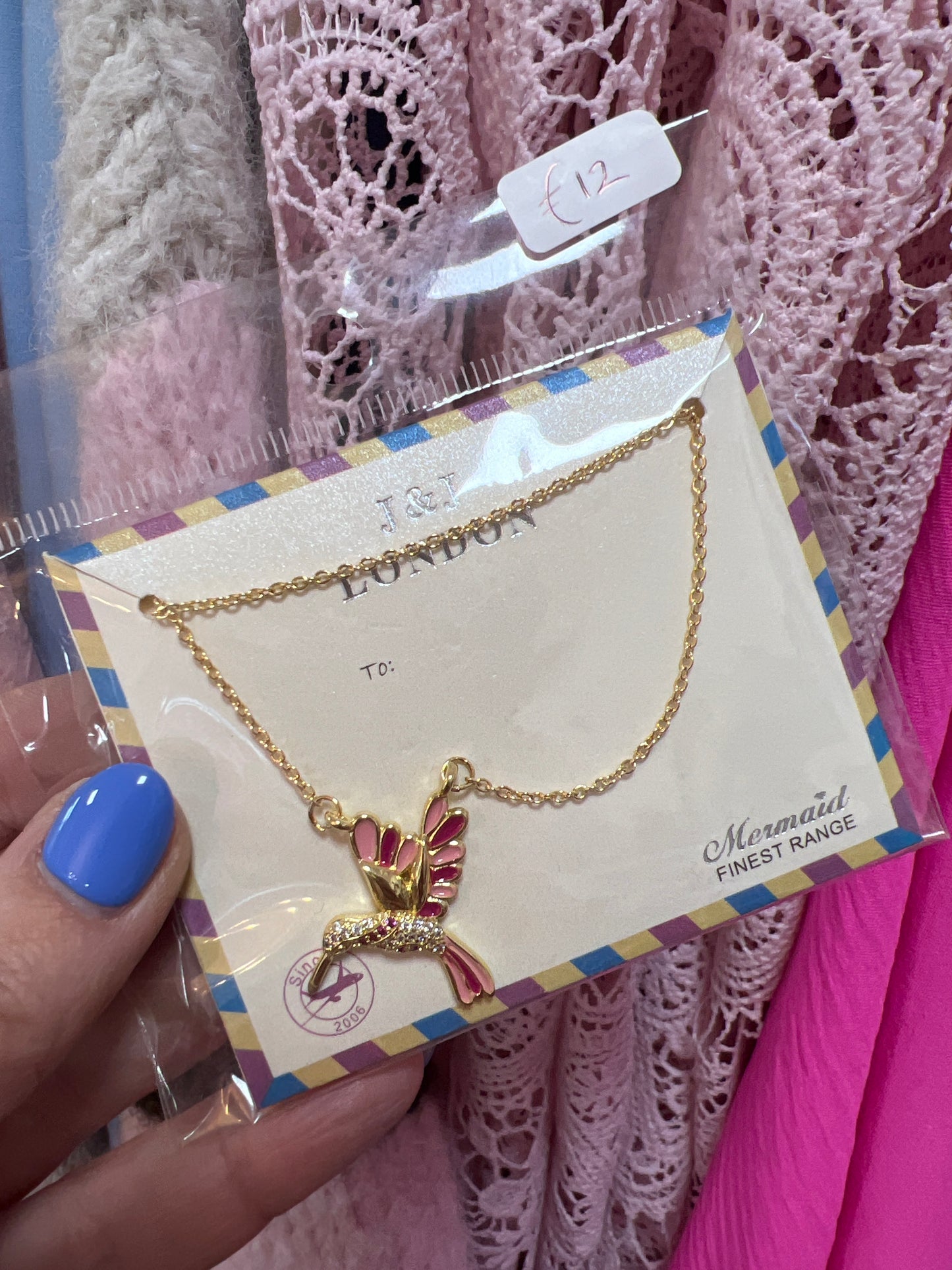 Gold Plated Hummingbird Necklace with Cubic Zirconia & Pink Detail
