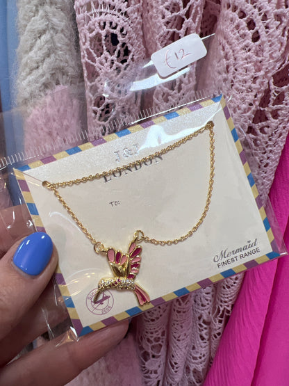 Gold Plated Hummingbird Necklace with Cubic Zirconia & Pink Detail