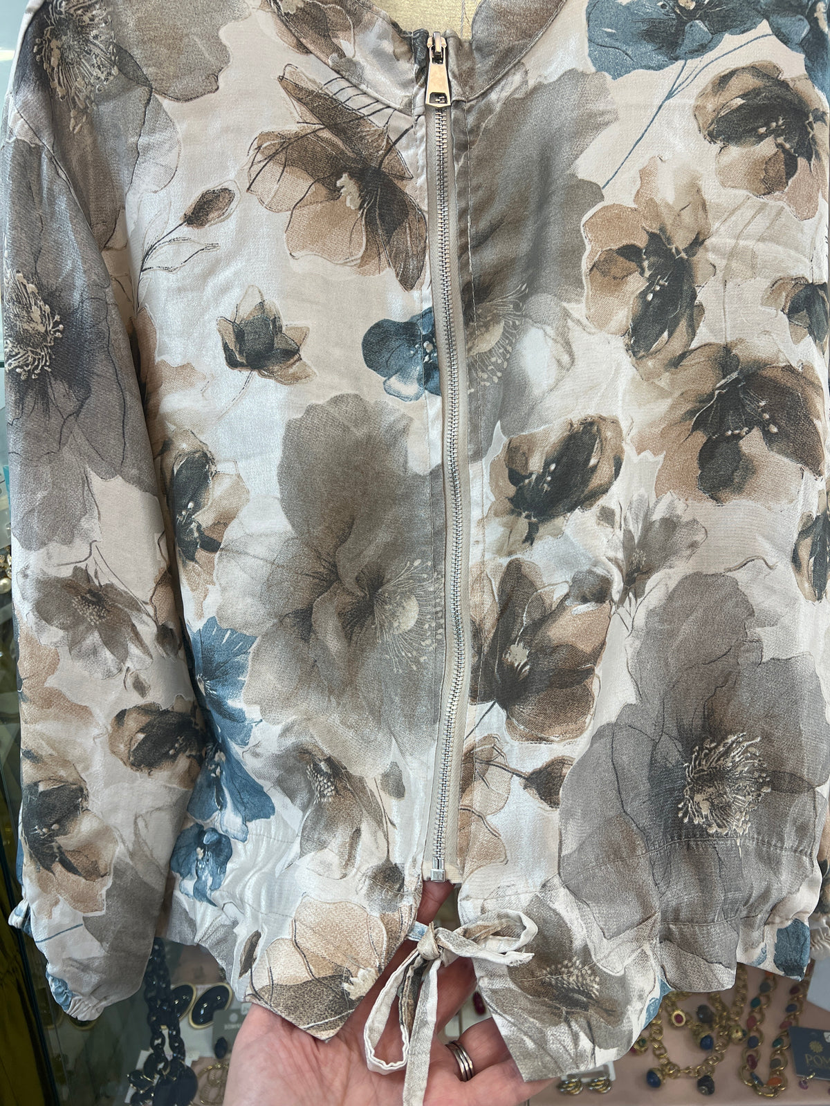 Taupe & Teal Floral Bomber Jacket
